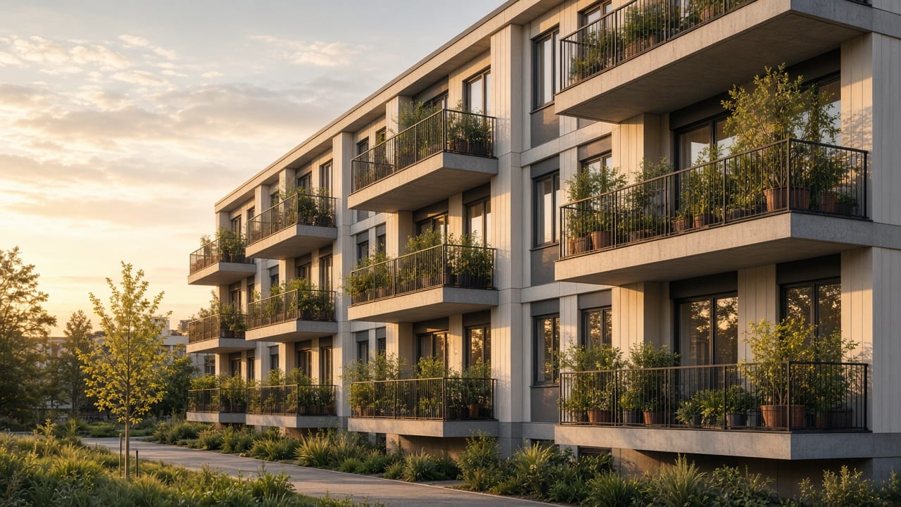 Modern bostadsfastighet i varmt kvällsljus — typisk BRF-miljö