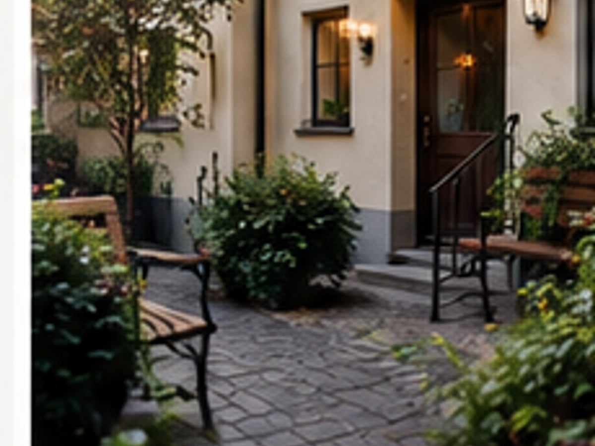 Innergård med bänk, planterade buskar och entré